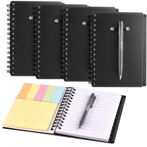 Black Plastic Cover Spiral Steno Notebook Pocket Notepad (4 Count, 13.2x9 cm/5.1x3.54 inches) with Pen Holder, 125 Sticky Page Markers, Index Tabs Flags, Plastic Cover for Office School Planning, Memo Writing Supplies