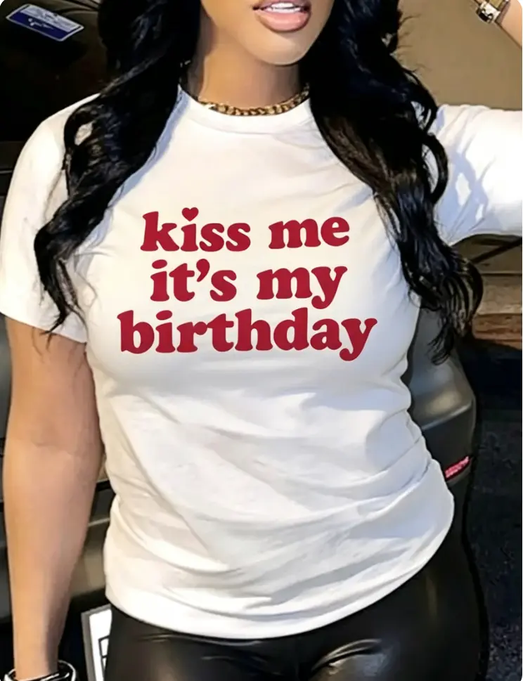 Women's Y2K Short T-Shirt with "Kiss Me It's My Birthday" Slogan & Wine Date Print - Cute Sweet & Cool Style Casual Round Neck Blouse for Spring Summer Outfits, Birthday Party Outfits - Machine Washable Non- TopRHW