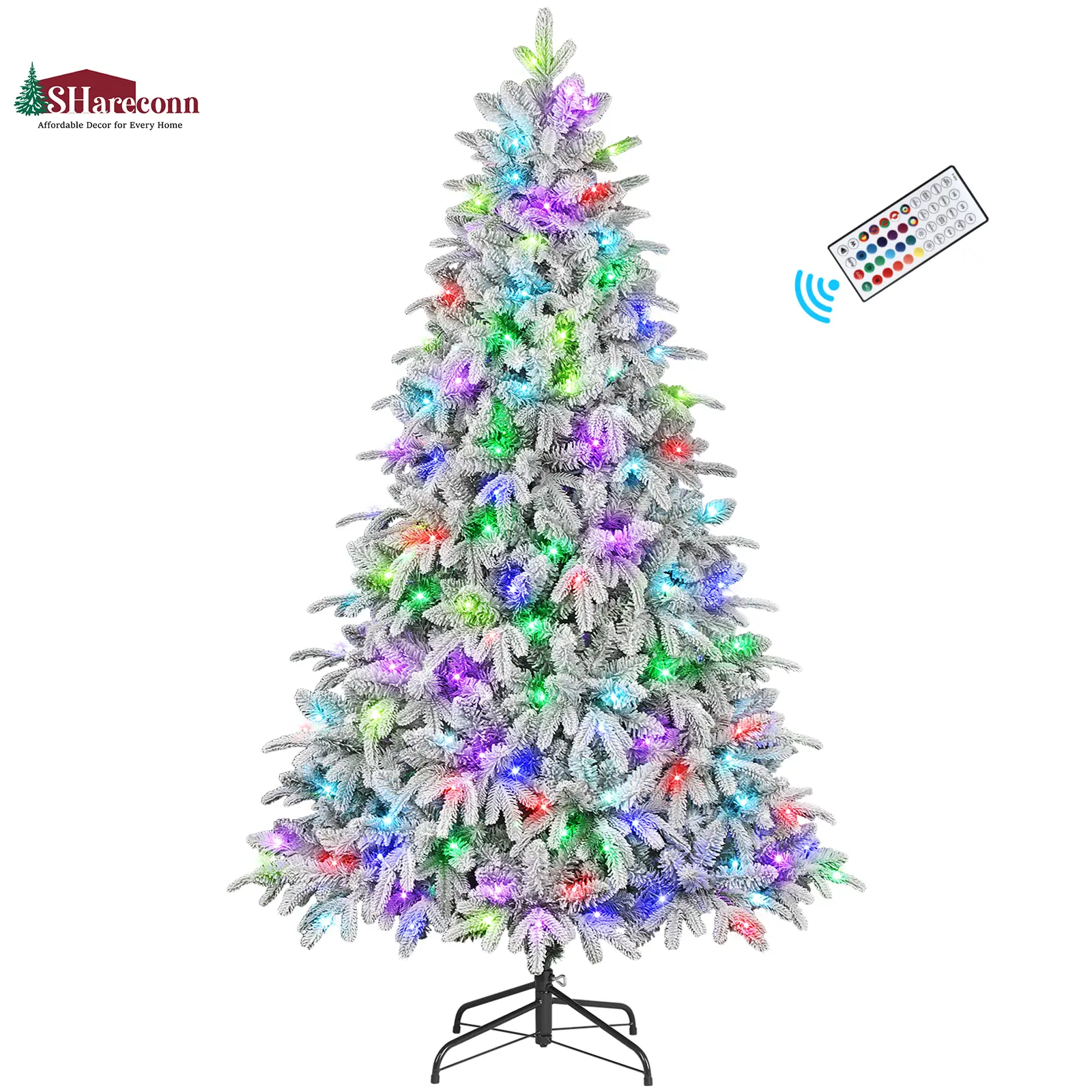 SHareconn 2026 New Artificial Flocked RGB Lights Christmas Tree (4.5/5.5/6.5/7.5/8/9FT), Pre-Lit with Color Changing RGB LED Lights, Remote Control, Expandable Hinges, Art Deco Glam Contemporary Decor, Ideal Home Festive Supply