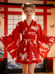 Women's Satin Modified Kimono Dress Butterfly Cherry Blossom Printed Short Japanese Yukata With Obi belt For Halloween, Carnivals, Cherry Blossom Festivals, Photo Shoots, Party Cosplay Costumes