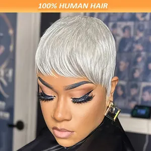 Wholesale NEW Hot Granny Gray Style Short Pixie Cut Wig Human Hair 4inch 180% Density Wigs for Women Short Straight Layered Hair for Daily Use Grey and 613 Color for Cosplay with Party