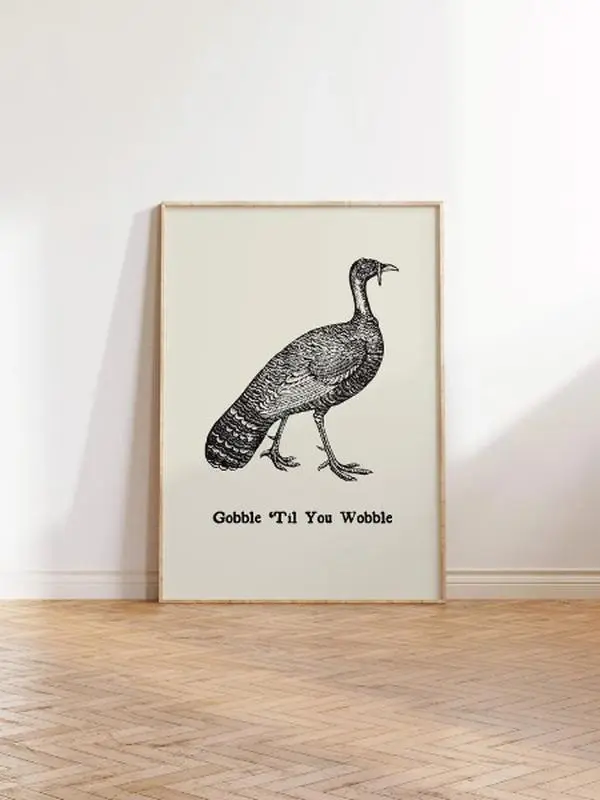 "Vintage Thanksgiving Print – Gobble Til You Wobble Poster, Funny Turkey Print, Retro Autumn Decor, Cute Fall Wall Art"