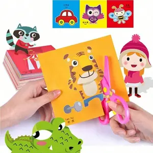 48/96 Pcs Paper Cutting Set with Plastic Scissors, Cartoon Animal Fruit Designs, Hand-Eye Coordination Toy for Kids, Birthday Gift