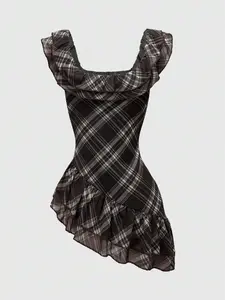 Tina Nico J-Fashion Y2K Retro Plaid Hemline Asymmetrical Crop Top