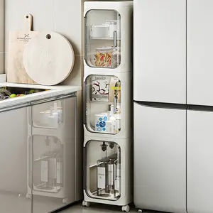 No Installation Foldable Movable Narrow Cabinet Black White Universal Wheels Magnetic Transparent Door Waterproof Dustproof Large Capacity Kitchen Toilet Bedroom Storage Cabinet