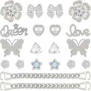 SOGLLQAM 18/20/22/24 Pcs Women Shoe Charm Chain Accessories, Butterfly Flower Pearl Rhinestone Bling Cute Shoe Decoration Charms for Aesthetic Outfit Styling, Party Birthday Valentines Gift Idea