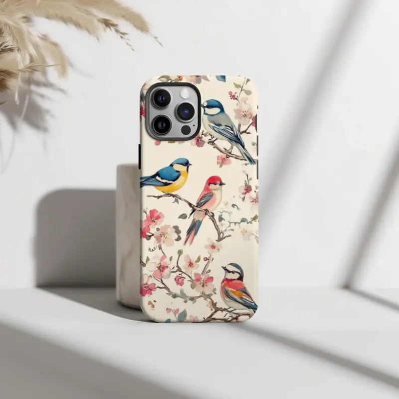 Spring Birds Polycarbonate Durable Shockproof Smartphone Case - Pastel Blossoms Design, Protective Shell, Handheld Accessory for iPhone 1,12-17 Pro,Max,Air,Plus Devices, Accessories, Protection