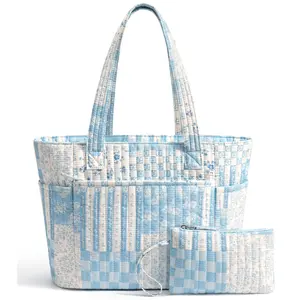 Bagstellar Cotton Tote Bag for Women, Work Tote Bag with Full-closure Zipper ,18L capacity Daily Tote for 14" Laptop,Lightweight Quilted Shoulder Bag Matching cosmetic pouch for Teacher,Nurse,College,Gym,Travel
