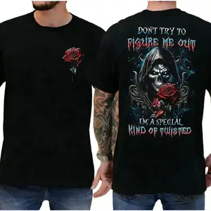 Men's Gothic 3D -Over Print Short Sleeve T-Shirt with Bone & Letter '' (for Masculine) - Round Neck Casual Tee for Casual Attire, Machine Washable, Year-Round - Edgy Style for Outfits & Themed Events