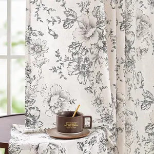 Lazzzy Linen Blend Floral Curtains for Living Room 84 Inch Length Black Printed Rod Pocket Cottage Core  Tab Farmhouse Peony Patterned Drapes Bedroom Window  2 Panel Set