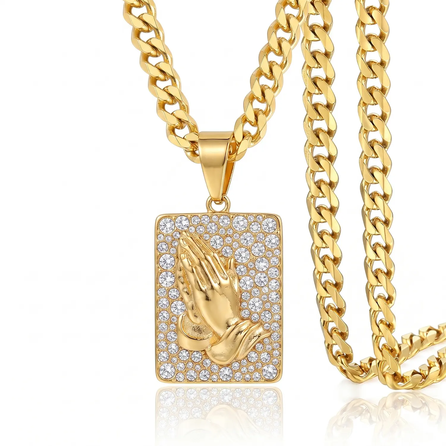 Men's Iced Out Praying Hands Pendant Necklace, 5mm Stainless Steel Cuban Link Chain, 2.6cm Width Square Tag, Hip-Hop Streetwear Outfits Jewelry, Daily Wear Father’s Day Confirmation Gift, 2.6 Cm Width, Men's Accessories, Metal Coated, 60Cm