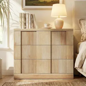 Hauoms 27.6” Tall Fluted Nightstand, 31.5” Wide Oversized Night Stands, Extra Large Wood Bedside Side Table, 3 Drawers Storage, Mid-Century Modern End Table for Bedroom Sofa Living Room, Thickened Top
