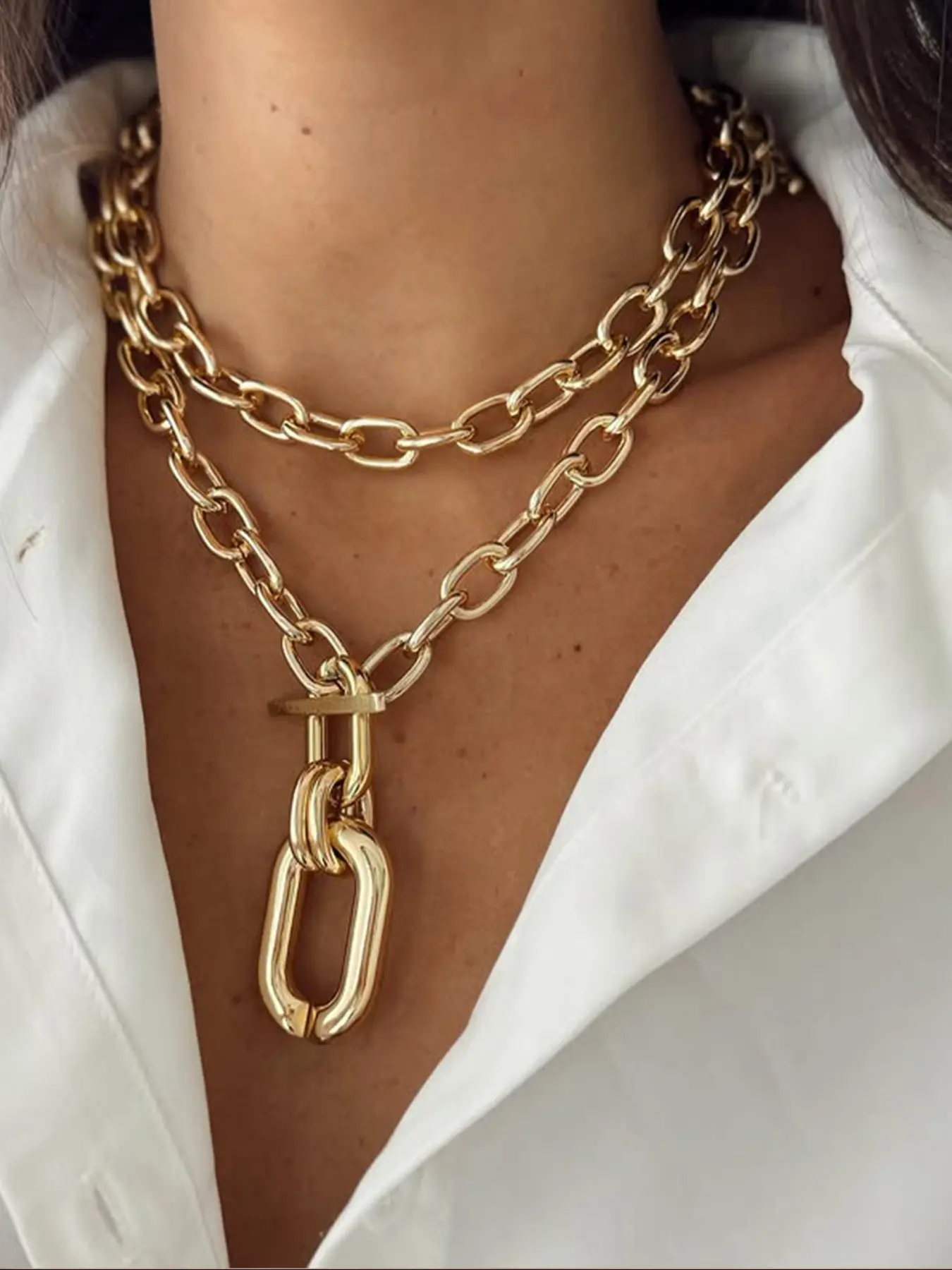 Trendy Geometric Metal Lock Clavicle Cuban Link Design Chain Necklace Set, Fashionable Stackable Clavicle Chain Multi-Layer Aluminum Chains for Men & Women, Versatile Jewelry Gift