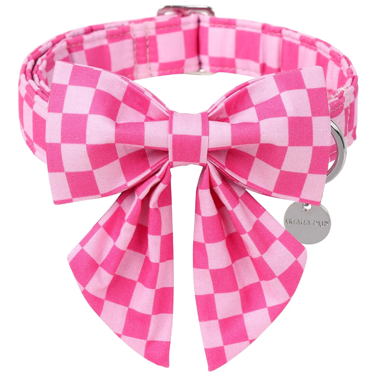 Adjustable Cotton Dog Collar with Pink Plaid Bow Tie, Metal Buckle, Summer Accessory for Puppies and Small Dogs, Adjustable Collars