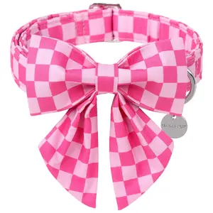 Dog Collar with Bow Tie, Pink Plaid Bowtie Dog Collar, Summer Bowtie Collar for Puppy Boy Girl Dog, Comfortable Cotton Dog Collar with Metal Buckle