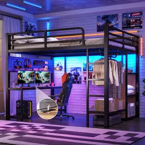 Queen Loft Bed with Storage Shelves and Desk, Heavy-Duty Metal Loft Bed with USB Ports, Lights, and Hanging Rod, Cave Board Design, Black