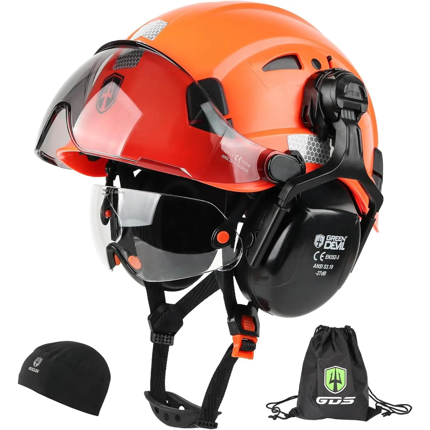 Vented Hard Hat for Men - 6-in-1 Head Protection Safety Helmet (2.3 lbs) with Noise Reduction Ear Muffs, Integrated Visor Dual Face Shield for Scaffolding, Woodworking, Construction