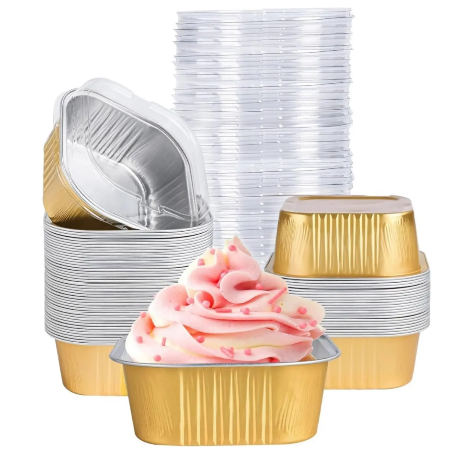 50Pcs 5oz (150ml) Gold Aluminum Foil Square Cake Cups with Lids, 2.8”x2.8”x1.4” Disposable Bakeware for Desserts, Party & Camping, Stack to Save Space - Home Improvement Building Supplies, Picnic