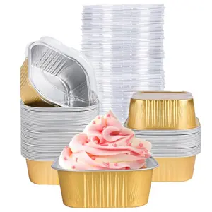 50Pcs Mini Cake Pans with Lids, 5oz Square Aluminum Foil Brownie Baking Cups, Muffin Tin Ramekins, Disposable Dessert Cupcake Cups for Wedding Birthday Party(Gold) - Home Improvement.