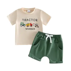 Baby Boy Clothes Construction Vehicle Embroidery T-Shirt Shorts Set Tractor Excavator Dump Truck Outfits Summer Toddler Playwear 3 6 12 18 24M 2T