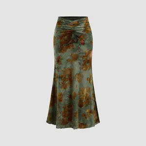 Cider [3 colors, size 2-10] Mid Rise Floral Ruched Maxi Skirt