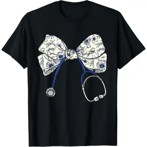 Cotton Short Sleeve  T-Shirt Floral Blue Coquette Bow Nurse Stethoscope Nursing Doctor T-Shirt Black Top Graphic tees
