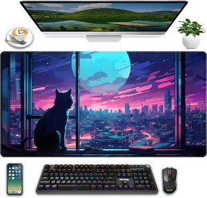 Cool Purple Kawaii Anime Moom Cat Desk Mat XXL Large Gaming Mouse Pad, Cute City Cats Desk Pad for Gamer Girl Women Office Desk Decor Mousepad, Computer Laptop Keyboard and Mouse Mat 31.5x15.75 in