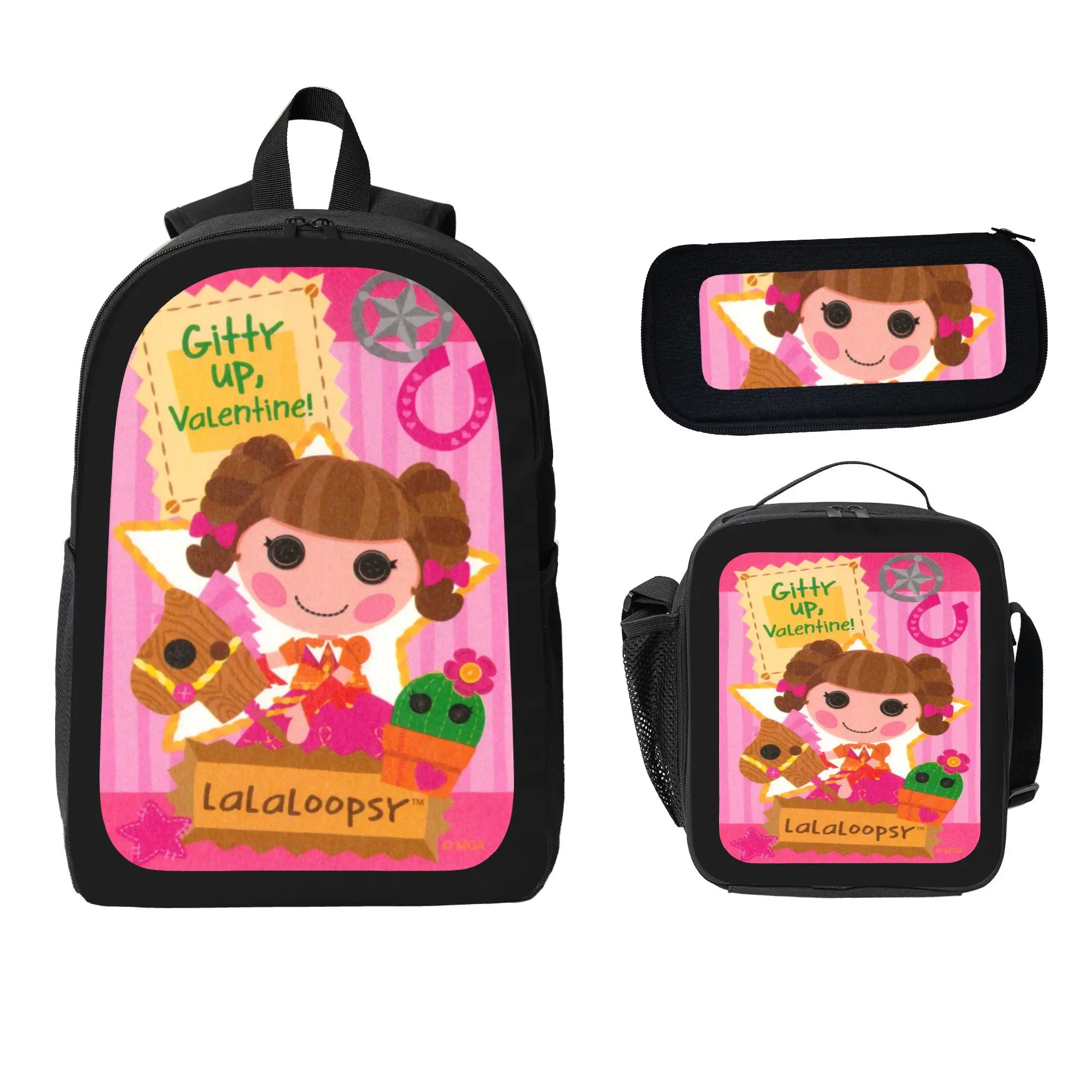 Lalaloopsy Girls 3-Piece Cartoon Backpack Set - Lightweight Polyester Bookbag, Matching Pencil Bag, Insulated Lunchbox for Little Girls