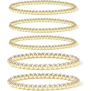 Gold Plated Bead Bracelet for Women 14K Gold Plated Bead Ball Stretchable Elastic Hypoallergenic Bohemian Stackable Bracelet