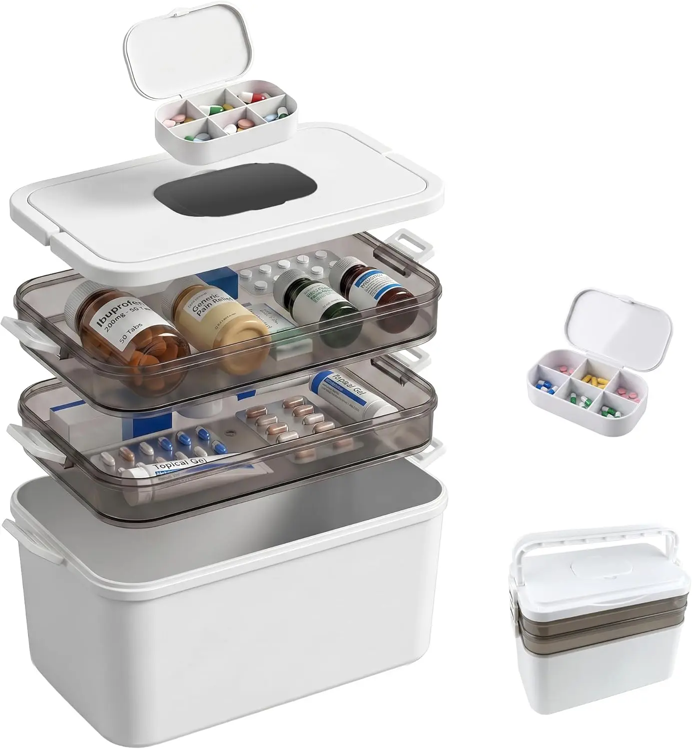 Large Medicine Storage Box with 2 Removable Trays, Portable First Aid Organizer Case, Multi-Purpose Medication Organizer Container with Handle for Medicines, Vitamins, Medical Supplies, Crafts and Home Storage