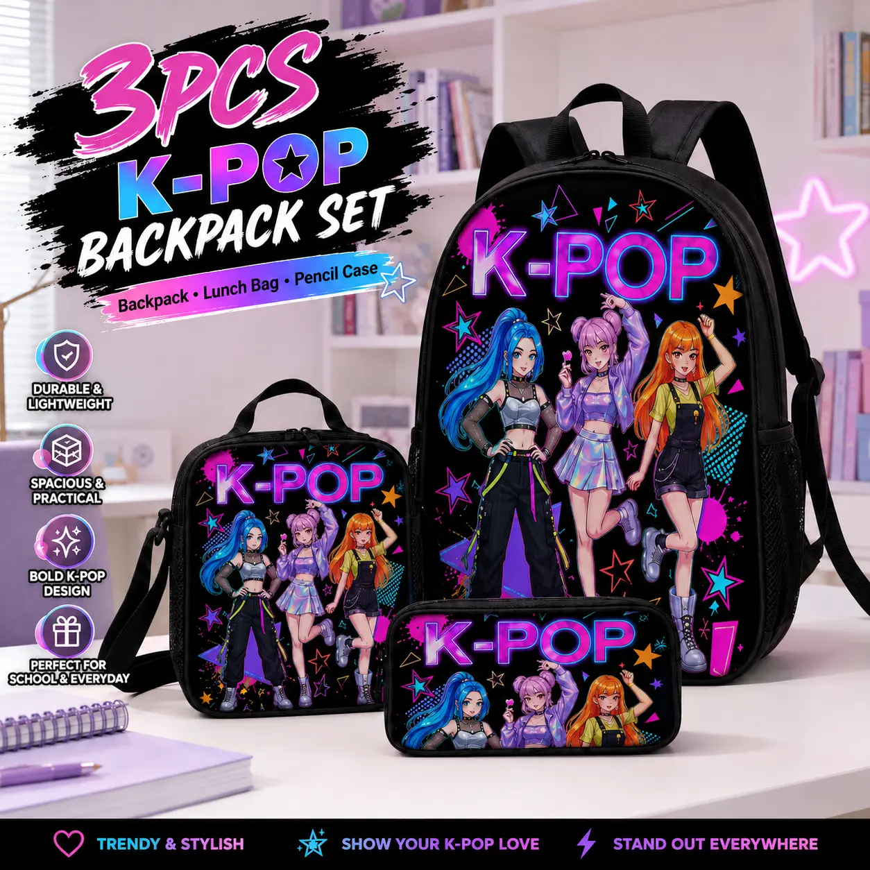 3-Piece K-Pop Style Portable Storage Bag Set, Printed Backpack with Lunch Tote and Pencil Case, Lightweight Organizer Set for Travel, School, and Everyday Carry