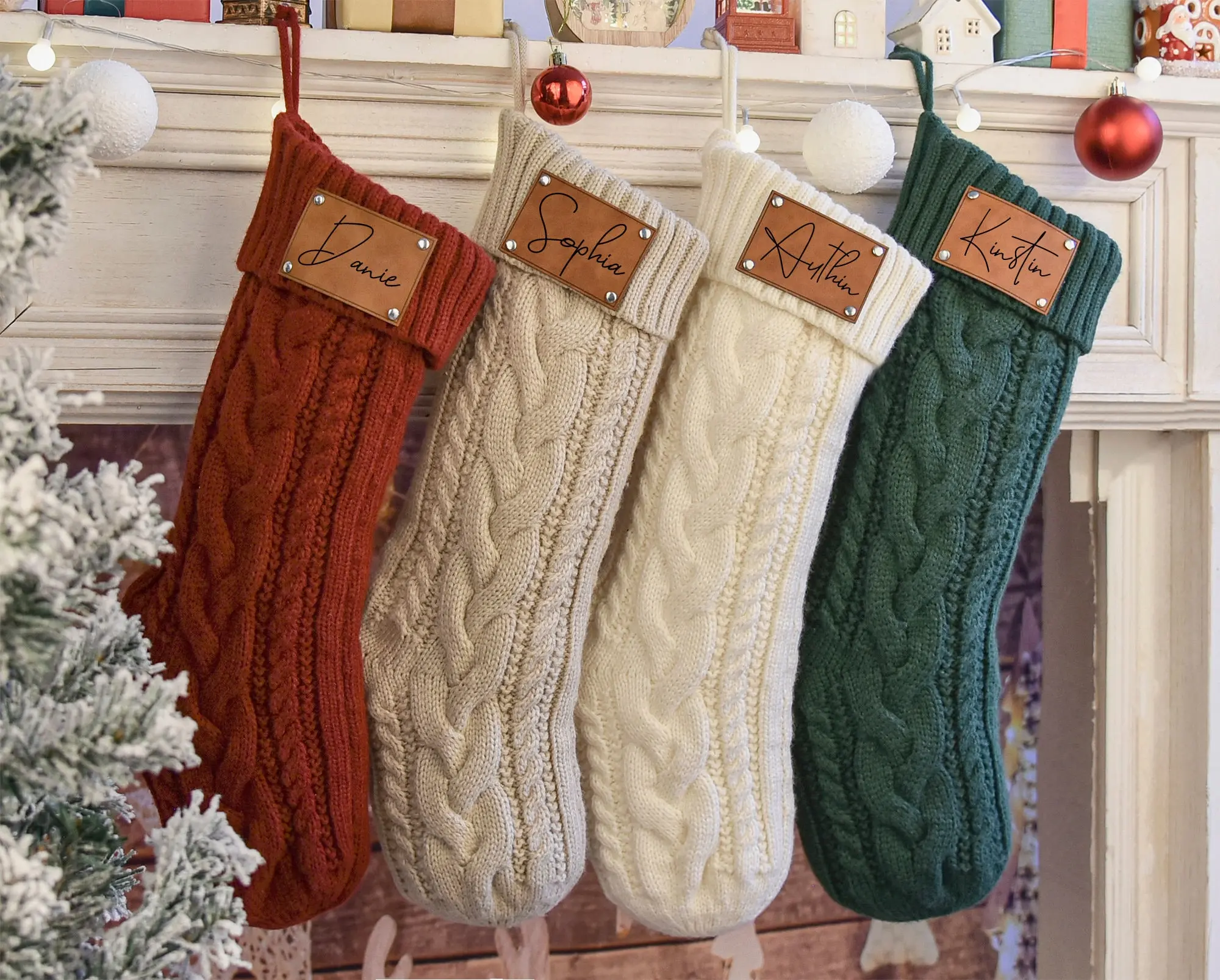 2024 Engraved Leather Patch Stockings christmas Stockings With Name holiday Stocking sknit Stockings family Stocking Set holiday Decor Gift