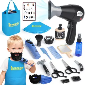 Barber Shop Pretend Play Toy, Kids Hair Salon Shaving Kit for Boys Ages 3+ with Blow Dryer, Electric Shaver, Tool Bag and Barber Accessories for Role Play (Black)