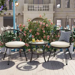 Outdoor Leisure Set, 2 Rattan Single Chairs with A Glass Round Table, Perfectly Suited for Patios, Balconies, and Courtyards