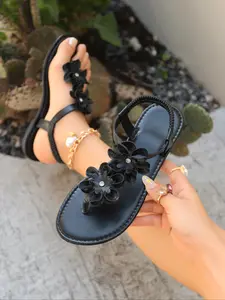 Elegant Women's Wide Width Sandals, Pure Color Floral Decor, Fairy Tale Summer Style, Open Toe Design, Anti-Slip Sole, Microfiber Insole