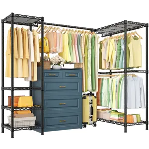 E10L L-Shaped Clothes Rack for Corner（With Expandable Hanger Rod）Heavy Duty Freestanding Clothing Racks for Hanging Clothes，Portable Garment Rack 58-82"W x 30"D x 72"H，Max Load 900LBS，Black