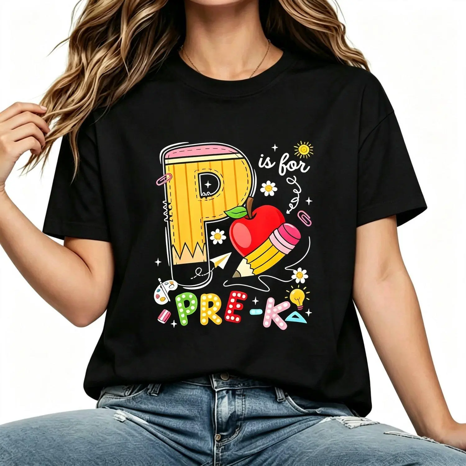 Pre-K Pencil Apple Back to School Women's T Shirt Casual Short Sleeve Teacher Graphic Tee Stylish Comfortable Fit