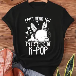 The Y-K-Pop Rabbit Is Listening to Music But Can'T Hear It. I'M Wearing a K-Pop Rabbit Print T-Shirt, a Casual Short-Sleeve Crew Neck Top Suitable for Summer And Spring, Designed for Women