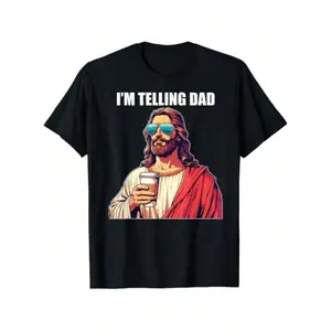 I'm Telling Dad Shirt Funny Religious Christian Jesus Meme T-Shirt Oversized Short Sleeve Classic Heavy Cotton T Shirt Printed Graphic Tee Women's Casual Short-Sleeved Top -Versatile Basic T-Shirts Fit Womenswear Cute Black Summer Streetwear Shortsleeve