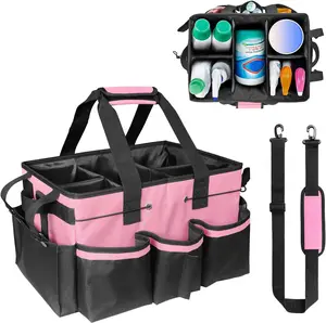 Wearable Cleaning Bag 5 Foldable Dividers Storage Box Handle and Shoulder Strap Cleaning Tool Storage Bag for Cleaners and Housekeepers (Pink)