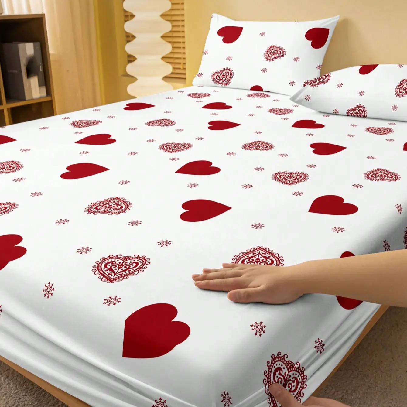 3-Piece Heart Pattern Bedding Set, Modern Style Fabric Sheet & Two Pillowcases, Soft Anti-Wrinkle Breathable, Home Decor, Soft Bed Sheets, Bedsheet Sets