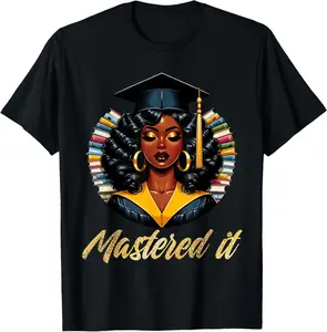 Women's 100% Cotton Shortsleeve Round Neck T-Shirt - Breathable Lightweight Fabric Casual Top for Black Queen Afro Master's Degree Graduates, Graduation-Themed Women's T-Shirts