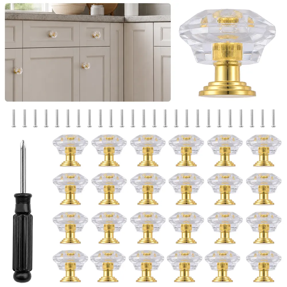 25-Piece Transparent Drawer Knobs Set, Golden-Base Decorative Cabinet Pulls Pack with Fastening Screws & Screwdriver for Bedroom, Kitchen Furniture Refinishing, Set Pack