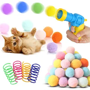 Low Noise Interactive  Ball Launcher , 1 Noise-Reduced Launcher ( Upgraded), 20 count Colorful Silent Plush Pom Pom Balls (1.2 inches), with 4 count  Spring