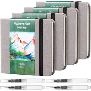 4 Set Watercolor Sketchbook Journal with Watercolor Brush Pens 300 GSM Cotton Paper Portable Square Small Pocket Notebook Travel for Painters Art Supplies (3.9 x 3.9 Inch)