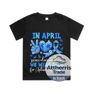 in April We Wear Blue Autism Awareness Kids Autism Cotton T-shirt, Graphic Print Round Neck Short Sleeve Casual Tee for Boys Girls