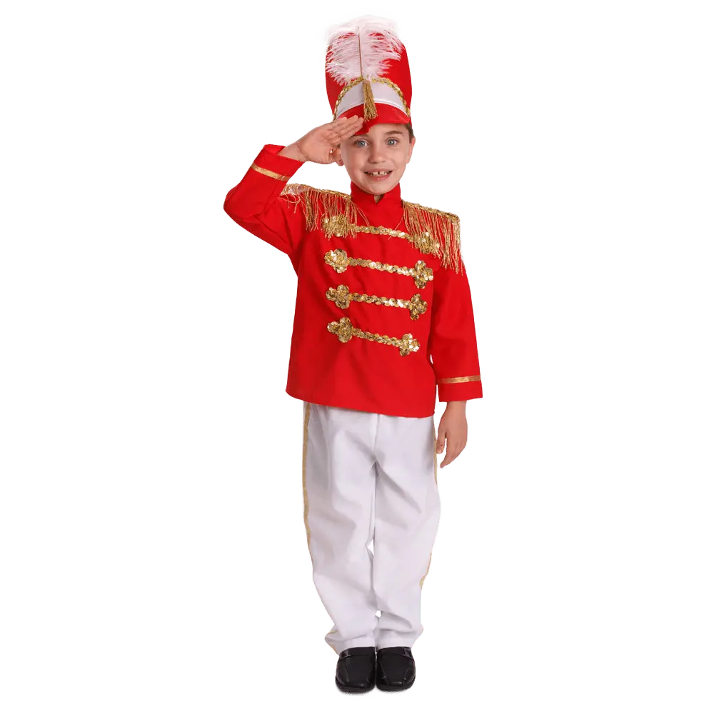 Drum Major Costume Dress For Kids - Red Band Leader Jacket, White Pants & Plumed Hat - Boys Costume for Halloween, Role Play, Pretend Play Fun, Fantasy Theme Party & Cosplay