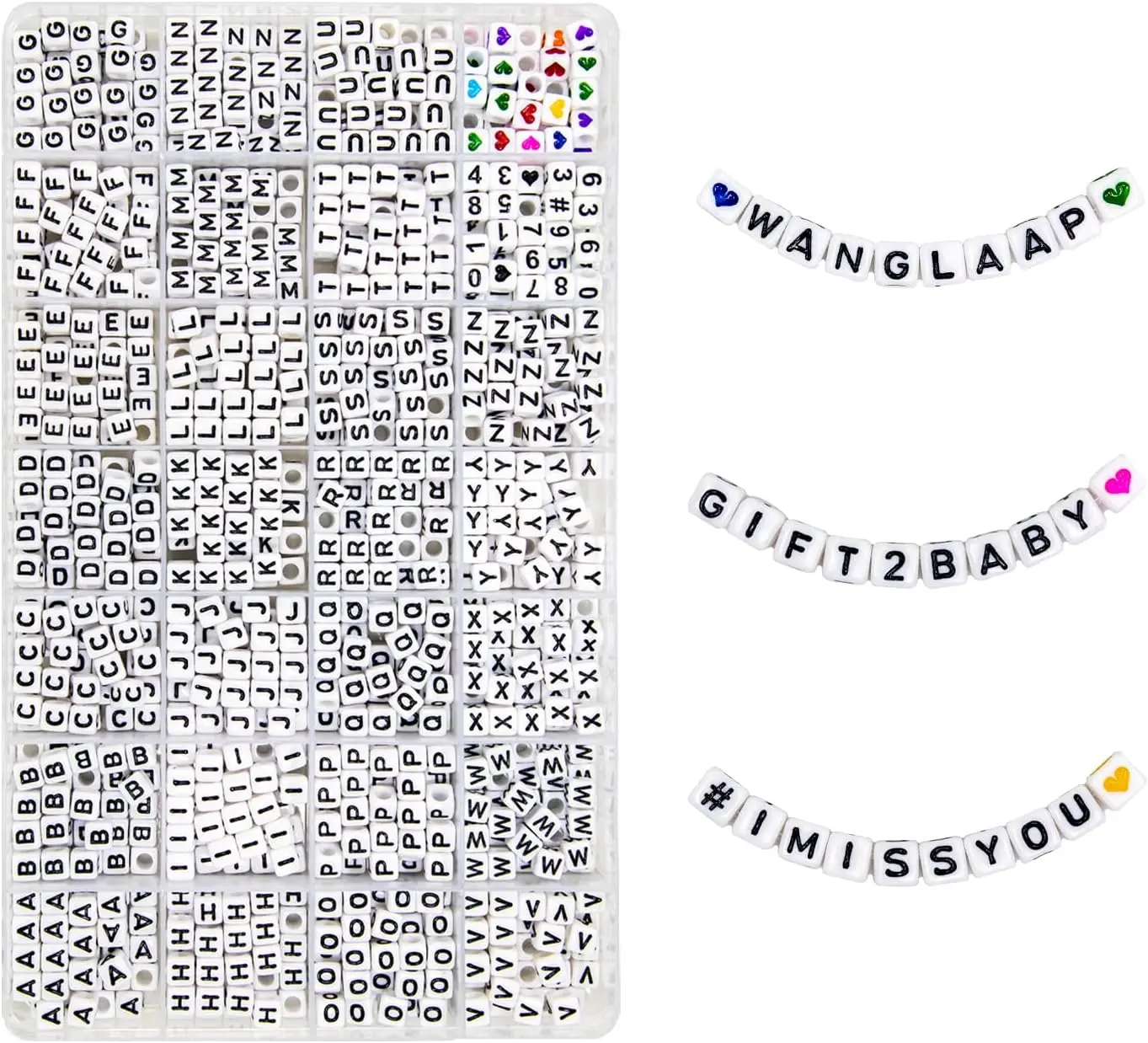 1120 count Square  6x6mm Alphabet A-Z Letters Beads with Numbers Colorful Hearts Cube Beads for Phone Lanyard Bracelets Necklaces(White-1120-Organized)