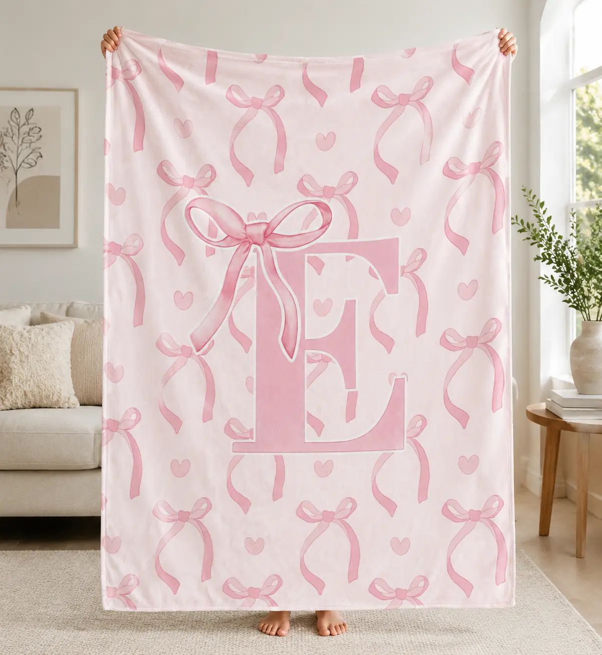 Pink Bow Blanket, Cute Aesthetic Flannel Fleece Throw Blanket, Soft Cozy Blanket with Ribbon & Heart Pattern, Girly Room Decor Blanket for Bedroom, Dorm, Couch, Gift for Her