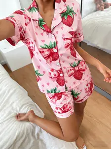 Women's Short Sleeve Shorts Cardigan Pajama Set, Strawberry Heart Bowknot Print, Casual Loose Fit Homewear Loungewear, All Seasons